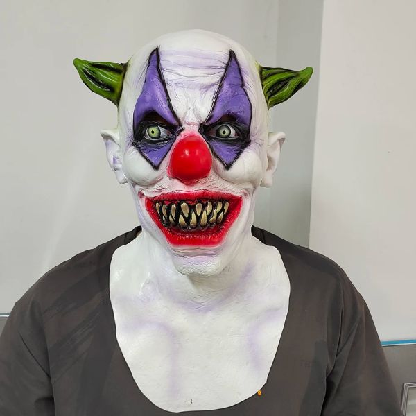 Masken Gruselige grüne gehörnte Clown-Maske Kopfbedeckung Böse gruselige Latexmaske Halloween Karneval Party Cosplay Clown Vollkopfmasken