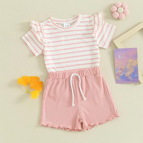 Kleidungssets Kleinkind Baby Mädchen Sommerkleidung Rundhalsausschnitt Kurzarm Gestreifte Tops Elastische Taille Wellensaum Shorts Säuglingsoutfits