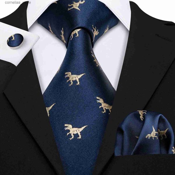Cravatte Cravatte Barry.Wang Fahsion Designers Dinosauro d'oro Cravatte di seta da uomo Gravat Hanky ​​Box Regali Set Cravatte per uomo Cravatte da sposa sposo LS-5191 Y240325