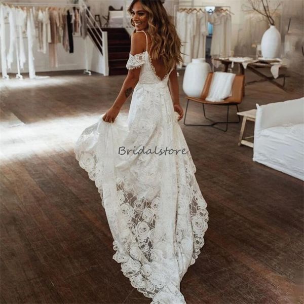 Peri Masalı Bohem Fulllace Gelinlik 2024 Seksi Spagetti kayışları ön yarık boho gelin elbise şık süpürme treni ülke gelin önlükleri sırtsız vestidos de novia