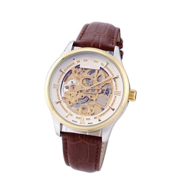 Top marca de luxo relógios masculinos negócios mens designer relógio esqueleto dial pulseira de couro genuíno mecânico automático 43mm relógios de pulso de ouro para presente de natal masculino