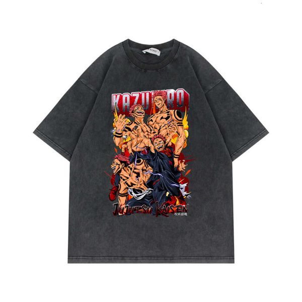 T-shirt lavata a maniche corte Incantesimo Ritorno alla battaglia di Gojo Anime Oversize High Street American Fashion