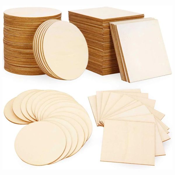 Artesanato 20/40/50 PCs 100mm Pedaços de madeira fatias de madeira quadrada redonda para crianças DIY Painted Wood Chip Wedding Housedor Decoration Board