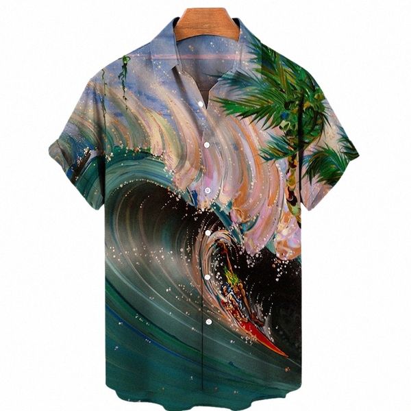 Yaz Gömlek Erkekler İçin Hawaii Gömlekleri Plaj Vacati Kısa Kol Üstleri Sıradan Erkek Bluz Fi Camisas de Hombre Giyim XL N9E8#