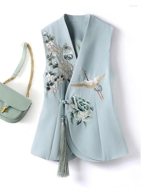 Coletes femininas estilo chinês brilhante seda bordado colete feminino primavera retro jacquard artesanal fivela colar reto melhorado mulheres