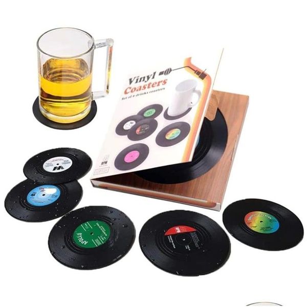 Tapetes Pads Plástico Retro Vinil Record Cup Mat Anti-Slip Coffee Coasters Resistente ao Calor Música Bebida Caneca Mesa Placemat Decor 6 Pçs / Set Dhscu