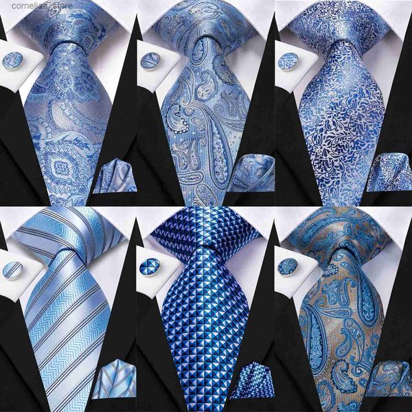 Cravatte Cravatte Hi-Tie Azzurro a righe Novità Cravatta da sposa in seta per uomo Gemelli Handky Nicktie Set Fashion Design Business Party Dropship Y240325