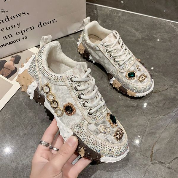 Cheio de diamante retro cor combinando verde creme branco papai sapatos alta superior grosso sola elevação carta sapatos casuais n1