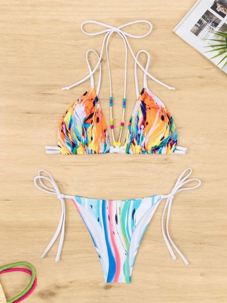 Frauen Badebekleidung sexy Feuerprint Bikini Set 2024 Frauen brasilianische Halfterperlen Gurt Push Up Mikro Badeanzug Badeanzug Tie