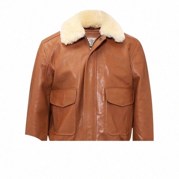 stile militare 2023 Marrone G1 Pilot Giacca di pelle da uomo Europa Taglia 3XL Colletto di lana Vera pelle bovina naturale Autunno Cappotto da aviatore allentato M6B8 #