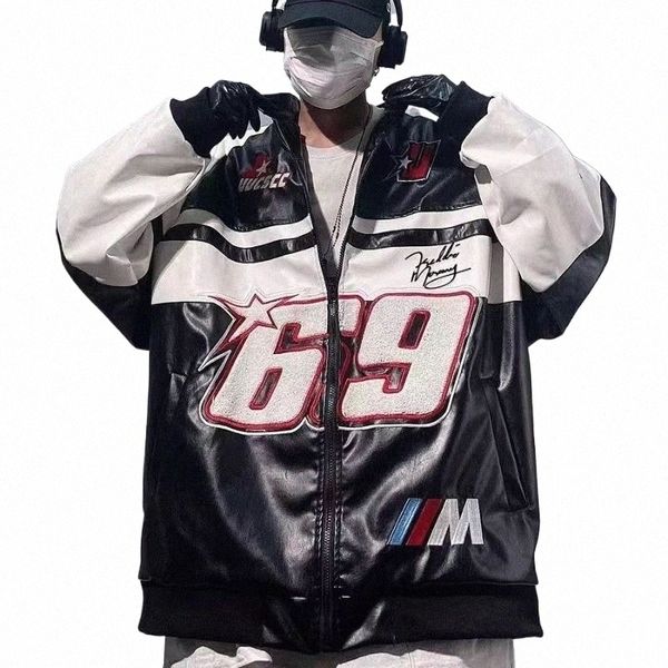 Хип-хоп Американская куртка из искусственной кожи Мужская лоскутная вышивка с буквами Мотоциклетные байкерские пальто Унисекс Куртка-бомбер Флокированная одежда w2cq #