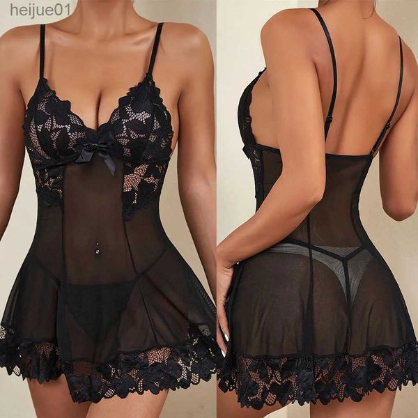 Set sexy Intimo donna Babydoll in pizzo Pigiama Boudoir Set San Valentino Babydoll sexy Fronte chiuso Maglia in pizzo Chimico Nig C24325