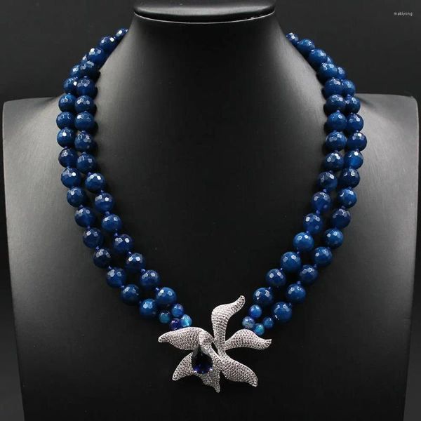 Anhänger Halsketten GuaiGuai Schmuck 19'' 2 Reihen Natürliche Blaue Achat Halskette CZ Blume Für Frauen