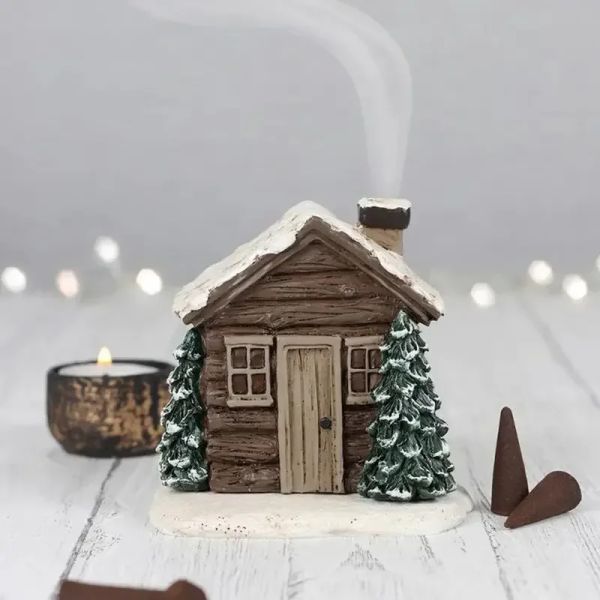 Queimadores Natal Inverno Log Cabin com 2 Cone de Incenso Queimar Chaminé Cabana Incenso Cone Queimador Mesa Peça Central Exibição Decoração de Cidade de Natal