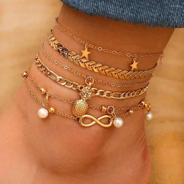 Fußkettchen 6 stücke Mode Metall Mehrschichtige Kette Knöchel Fußkettchen Für Frauen Trendy Geometrische Ananas Sterne Anhänger Böhmen Fuß Schmuck