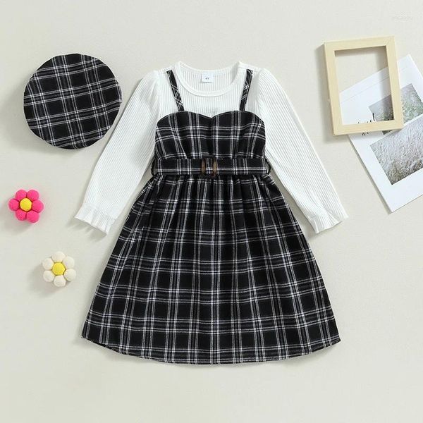 Mädchen Kleider Citgeautumn Kinder kar Plaid A-Line-Kleid Langarm Prinzessingürtel und Hut Set Frühling Herbst Kleidung