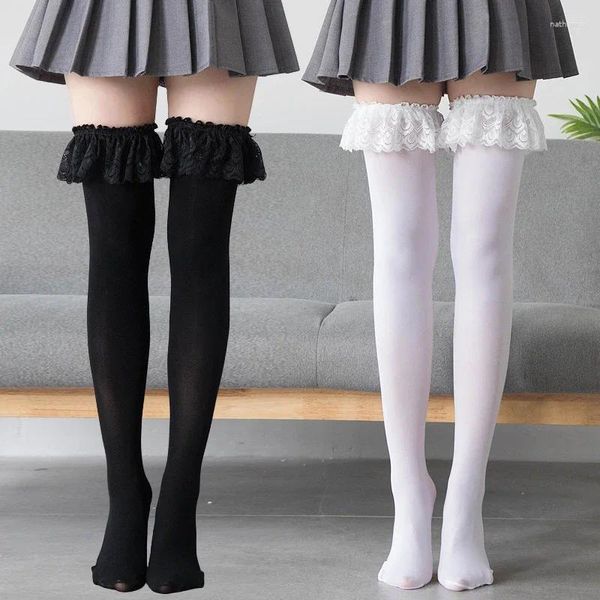 Meias femininas estilo lolita japonês meias femininas com borda de renda grande falbala veludo bonito acima do joelho tubo alto para meninas