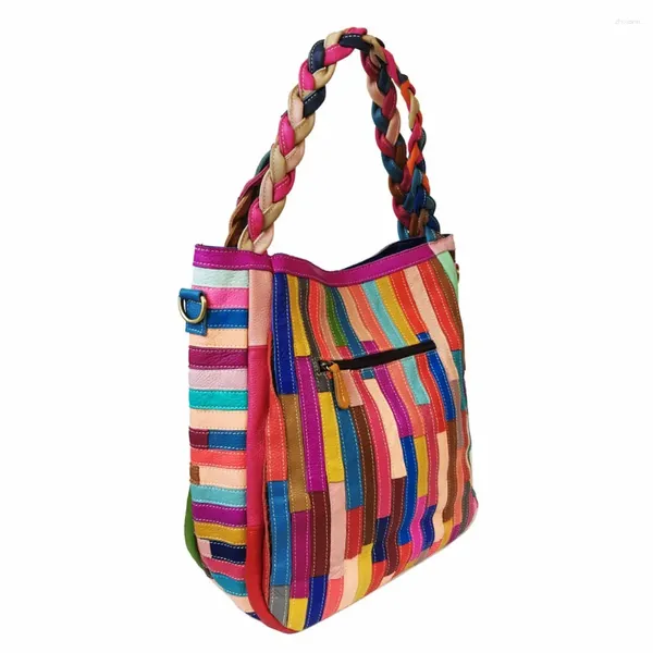 Drawstring Kadın Moda Çiçekleri Orijinal Deri Birleştirme Blok Stripe Tote Çanak Dokuma Kayışları Omuz çantası Crossbodybag Rastgele Çok Molor