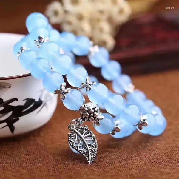 Cazibe bilezikler rongde mavi kristal yuvarlak boncuklar şanslı Tibet Gümüş Yaprak Kolye Kadınlar için çok katmanlı mücevherler