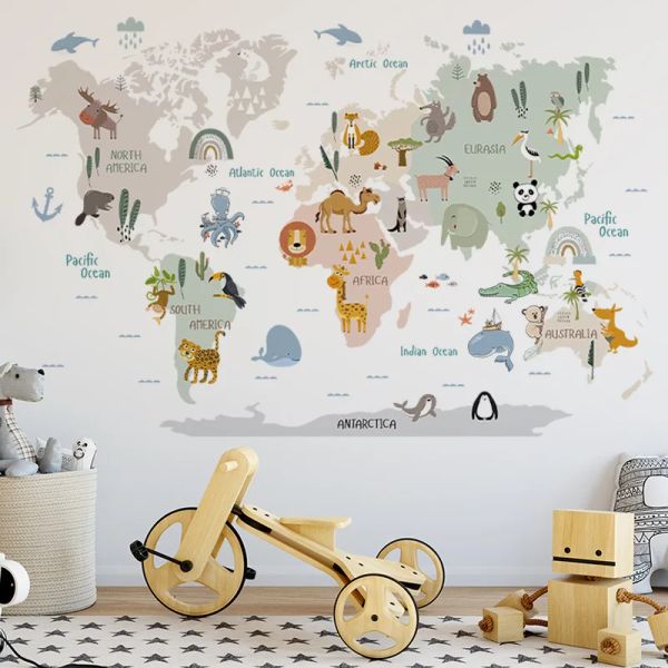 Adesivos mapa mundi de animais da selva, adesivos de parede para quartos infantis, meninos, meninas, quarto de bebê, decoração de berçário, papel de parede autoadesivo