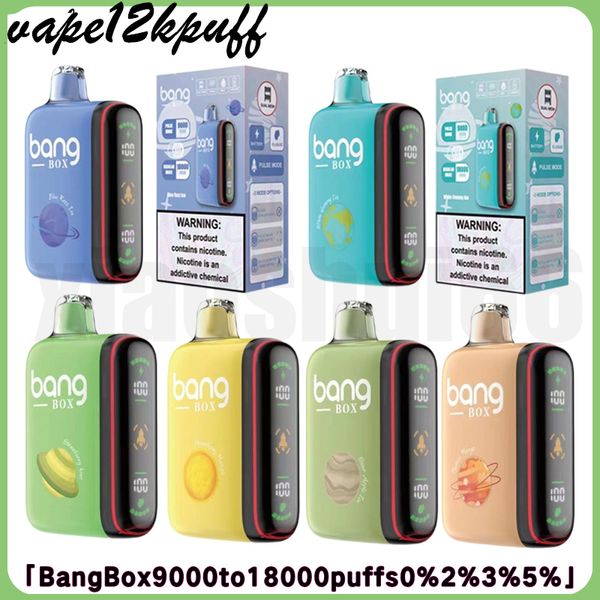 Bang Box 9000Puff 18 kpuff verfügbarer Vape Vape Stift 18000Puff Puff 9000 wiederaufladbare E-Zigarette Dual-Modus mit animierter Anzeige von Maschenspulen 0% 2% 3% 5% Vaper 12 Aromen