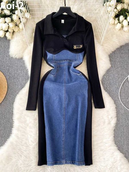 Vestidos Casuais Básicos Moda Spice Girl Estilo Vestido Mulheres 2023 Outono Inverno Alta Qualidade Falso Duas Peças Denim Costura Slim-Fit Casual Saia LongaC24315