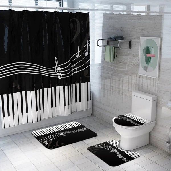 Tapetes de banho 4pcs/cortina de chuveiro conjunto com ganchos de piano de piano banheiro banheiro tapete não deslizamento conjuntos de tampa do banheiro