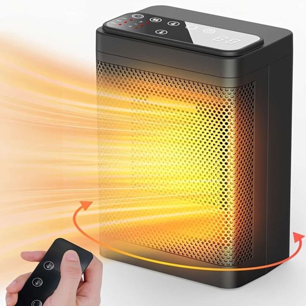 1 unidade de espaço 1500 W pequena sala elétrica portátil com termostato, controle remoto MINI PTC aquecedor de mesa de cerâmica, ventilador aquecedor pessoal para quarto, sala grande, casa,