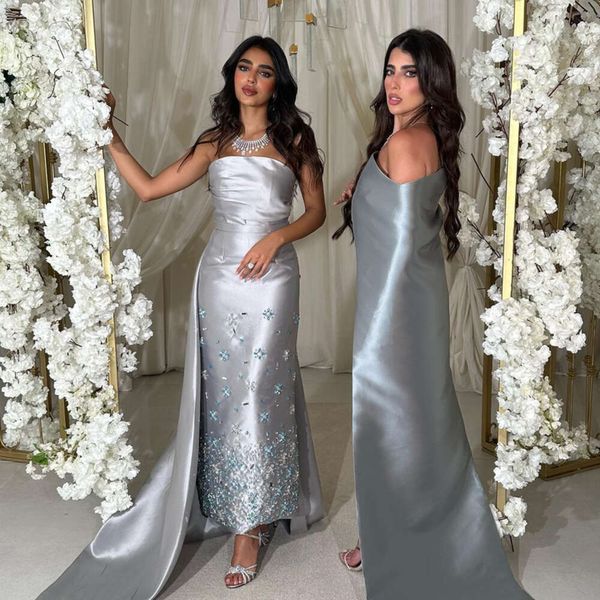 Arab Crystal Grey Said Sharon Dubai Abendkleid für Frauen Hochzeit Midi Formelle Partykleider mit Schleppe knöchellang Ss415 mal
