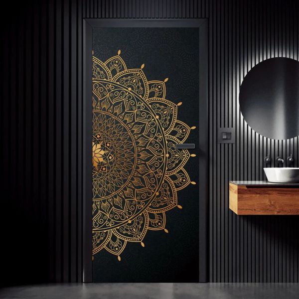 Aufkleber, Bohemian-Mandala-Türaufkleber, schwarze und goldene Malerei, Tapete, Yoga, Wohnzimmer, Schlafzimmer, Inneneinrichtung, Kunstaufkleber, Türdekoration