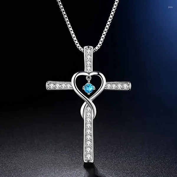 Collane con ciondolo Croce placcata in argento Amore a forma di cuore Birthstone Lunga catena Moda per gioielli da donna Regalo