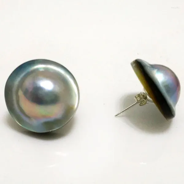 Ohrstecker, 22 mm, natürlicher grauer Rondelle-Meerwasser-Mabe-Perlenohrring mit Sterlingsilber