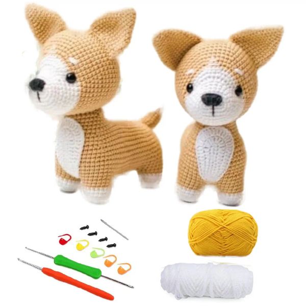 Tricô bonito corgi crochê starter kit diy fio mão tricô boneca de pelúcia fácil para adultos crianças inclui fio gancho crochê acessórios