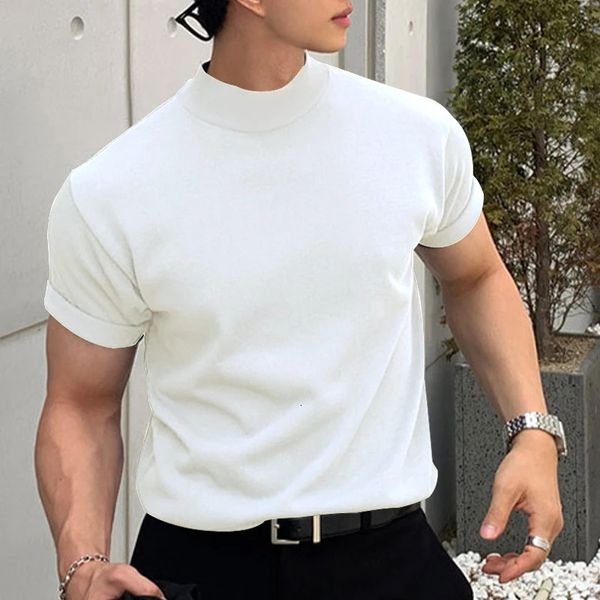 Moda coreana mock neck men t camisa de manga curta sólida básico topo masculino streetwear casual all-match plain t-shirts masculino oversize 240318