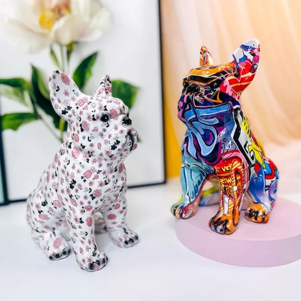 Esculturas coloridas bulldog francês escultura em pé estátua de resina cão diy graffiti artesanato desktop estátua animal ornamento decorações para casa
