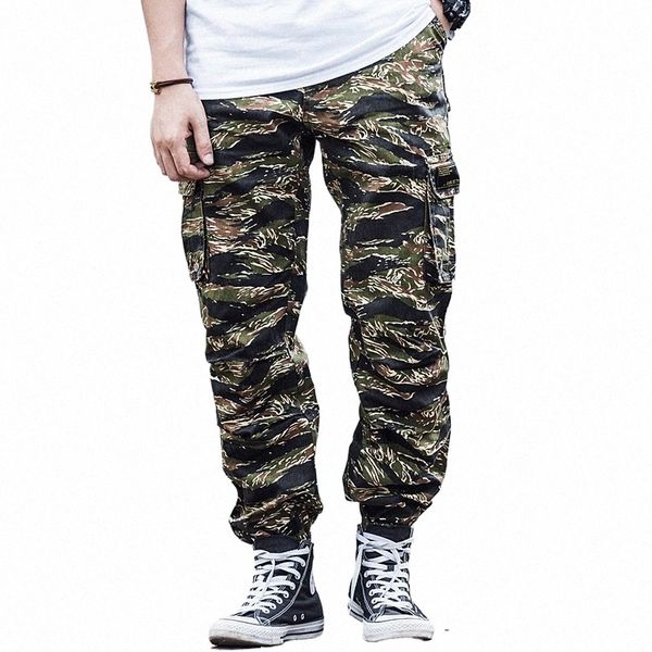 Tiger Stripe Print Camoue Cargo Pants Mens Safari Calças Streetwear Múltiplos Bolsos Homens Jogger Calças Táticas Militares P2mX #