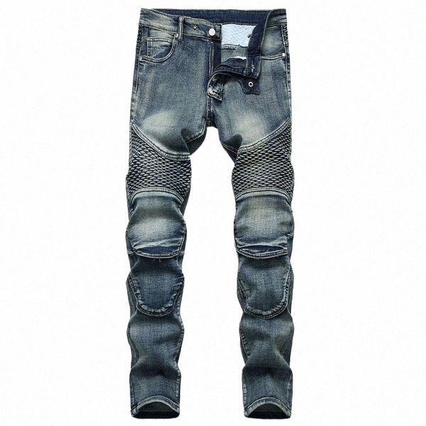 Denim Designer MOTO BIKE Gerade Motorrad Jeans für Männer Größe 42 Herbst Frühling Punk Rock Streetwear Reiten Knie Schutz Hosen z75W #