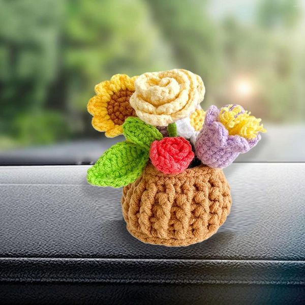 Flores decorativas buquê de crochê malha versátil mini cesta de flores tecidas à mão para carro aniversário presentes dos namorados decoração para casa casamento