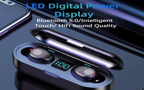 Auricolare wireless Bluetooth V50 F9 TWS HIFI Mini Inear Sport Cuffie da corsa Display a LED con Power Bank 2000mAh Micr9064027