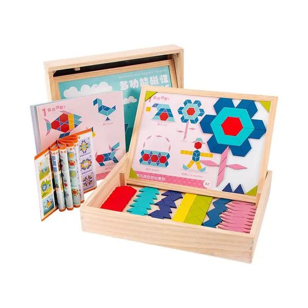 Hölzerne Magnetmusterblöcke Set geometrisches Formpuzzle für Kinder pädagogische Spielzeuge tragbares Montessori -Lernen 240321