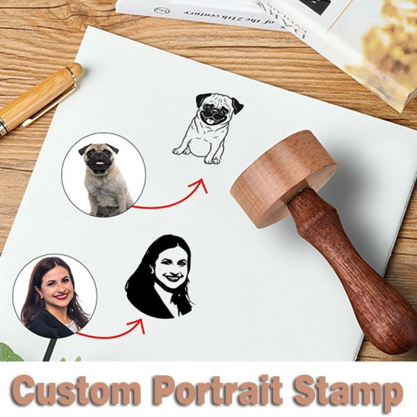 Carimbo de retrato personalizado artesanal, carimbo de borracha de madeira personalizado para casais/amigos/família/animais de estimação, logotipo de carimbo de casamento