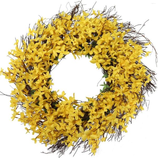 Flores decorativas vibrantes coroa de forsítia artificial de 22 polegadas - tons amarelos e verdes realistas com folhas