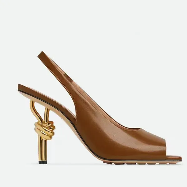 Knoten-High-Heel-Hausschuhe für Damen, echtes Leder, lässige Mode, Luxus-Designer-Sandalen, rutschfeste Sohle, offene Zehen, quadratische Zehen, minimalistischer Stil, Bankettschuhe