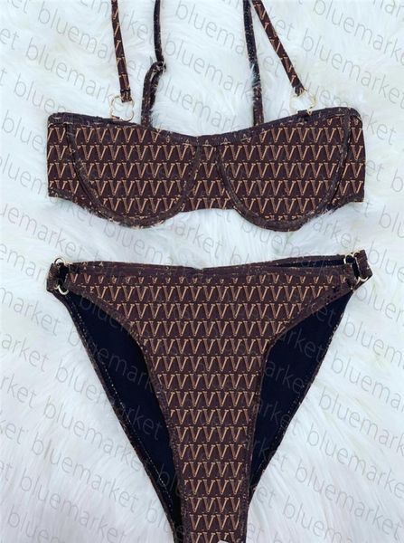 Erotische klassische dünne Bademode, weiblich, braune Blume, Metallornament, Designer-Sling-Bikini-Set, Badeanzug für reife Frauen2849860