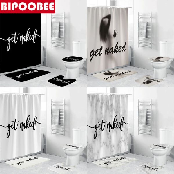 Vorhänge „Get Naked“-Muster, Badezimmer-Vorhang-Set, sexy Figurendruck, Duschvorhänge, Badematten, WC-Vorleger, rutschfester Teppich