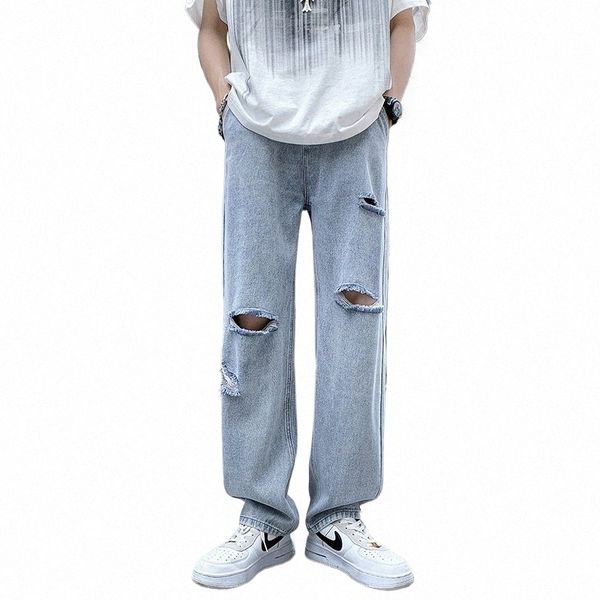 Мужские перфорированные джинсы Летние тонкие свободные брюки с прямыми штанинами Американские уличные винтажные однотонные джинсы с ножом T4ma #