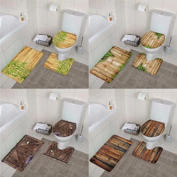 Tappetini Tavola di legno rustica 3 pezzi Set tappetino da bagno Porta della stalla agricola Bambù antiscivolo Flanella Zerbino Tappeti da pavimento Coperchio del WC Tappeto