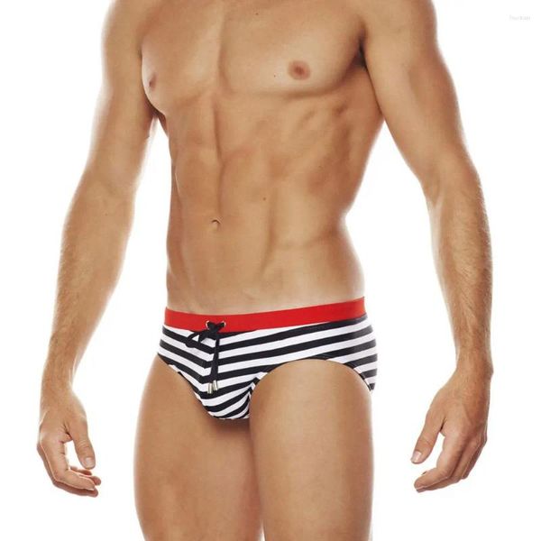 Herren-Badebekleidung, sexy Herren-Nylon, schnell trocknend, gestreift, Badehose, schwule Badeanzüge mit niedriger Taille, modische Tasche, Strand, Pool, Spa, Badehöschen