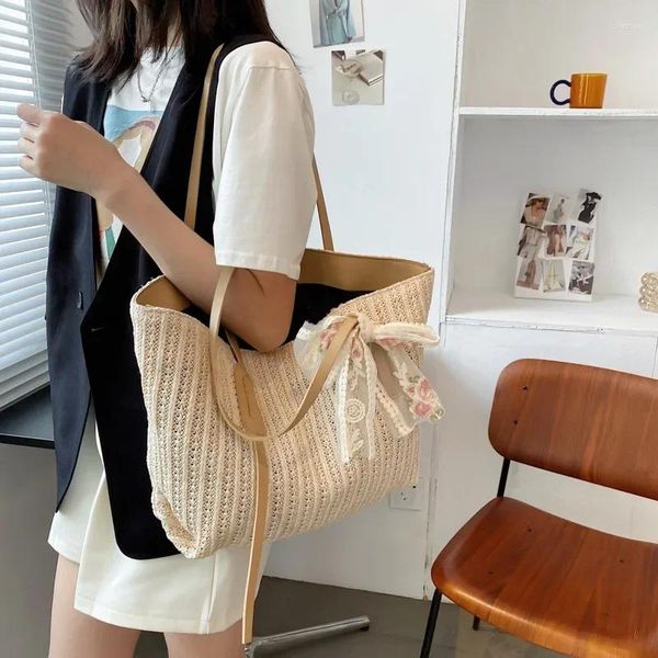 Omuz Çantaları Straw Boho Koreli Dantel Yay Büyük Kapasiteli Kova Çantası Moda Çantası