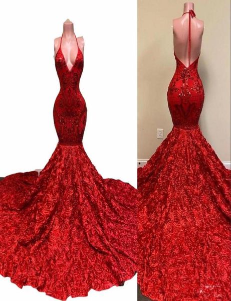 2022 Sexy Backless Red Prom Vestidos Halter Profundo Decote Em V Lantejoulas Apliques de Renda Lantejoulas Sereia Vestido de Noite Rosa Ruffles Especial 1426015